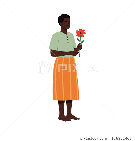 Person holding red flower standing barefoot in orange skirt and green shirt vector illustration 136861465
