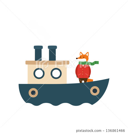 Fox wearing scarf on blue and beige boat vector illustration in simple style 136861466
