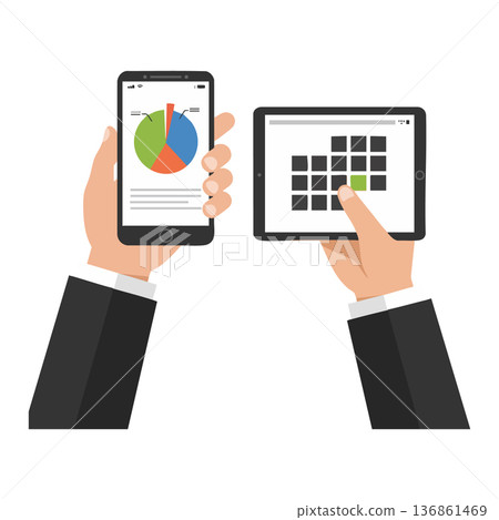 Hands Holding Smartphone and Tablet with Graph and Calendar Interface Technology Vector Illustration Hands Holding Smartphone and Tablet with Graph and Calendar Interface Technology Vector Illustration 136861469