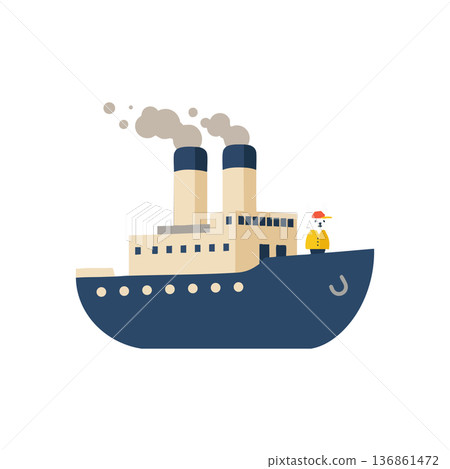 Steamship with chimneys and captain in flat vector style transport illustration Steamship with chimneys and captain in flat vector style transport illustration 136861472