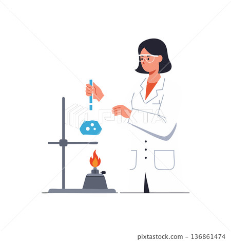 Female scientist performing chemical experiment with lab equipment in white coat vector illustration 136861474