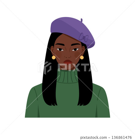 Woman wearing purple beret and green sweater portrait vector illustration with earrings 136861476