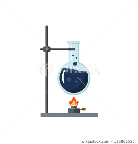 Laboratory glassware with round bottom flask heating under flame vector illustration 136861525