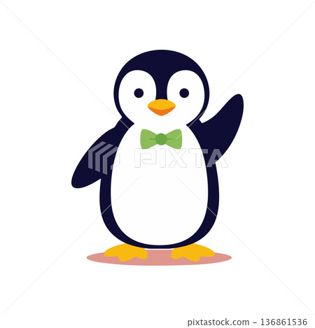 Cute penguin wearing green bow tie waving flipper vector illustration 136861536