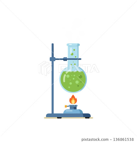 Laboratory glassware with green chemical solution heated by burner vector illustration 136861538