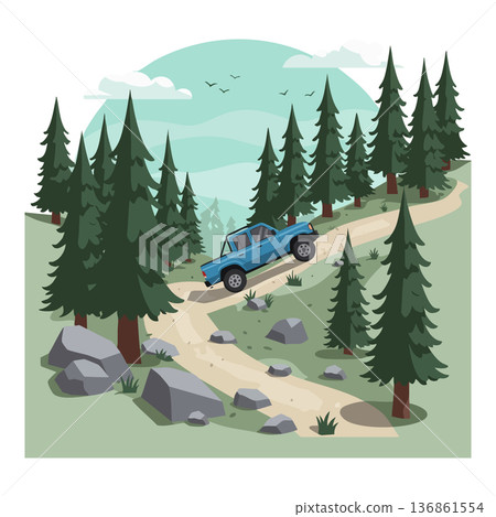 Blue pickup truck driving up rocky forest hill with pine trees in natural landscape vector illustration Blue pickup truck driving up rocky forest hill with pine trees in natural landscape vector illustration 136861554
