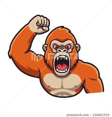 Angry gorilla raising fist with open mouth roaring aggressive wild animal vector illustration Angry gorilla raising fist with open mouth roaring aggressive wild animal vector illustration 136861559