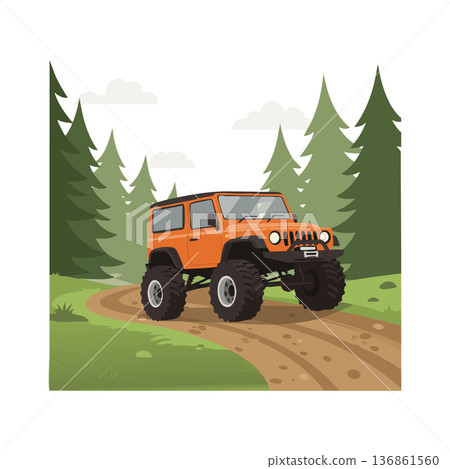 Off-road orange 4x4 vehicle driving through forest trail with tall pine trees and cloudy sky vector illustration Off-road orange 4x4 vehicle driving through forest trail with tall pine trees and cloudy sky vector illustration 136861560