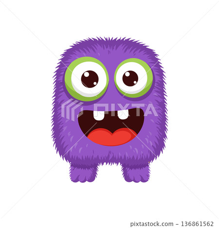 Purple furry monster with big green eyes and happy smile cute cartoon character design vector 136861562