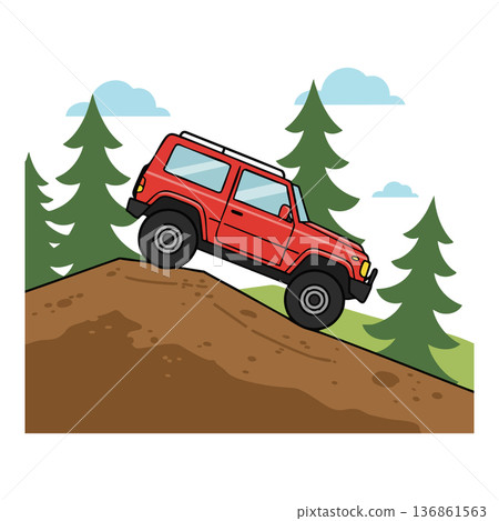Red off-road vehicle climbing hill with pine trees and cloudy sky outdoor adventure vector illustration 136861563
