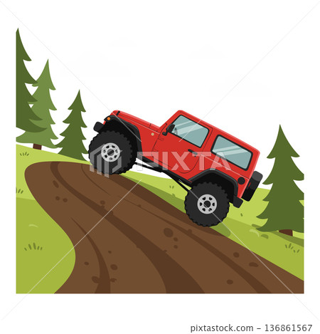 Red off-road vehicle climbing steep dirt hill with pine trees on countryside vector illustration Red off-road vehicle climbing steep dirt hill with pine trees on countryside vector illustration 136861567