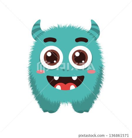 Cute blue furry monster with big eyes and smiling mouth vector illustration for kids and fun designs 136861571