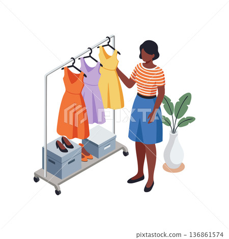 Woman choosing colorful dresses from rack in modern home interior with plant and shoe boxes vector illustration 136861574