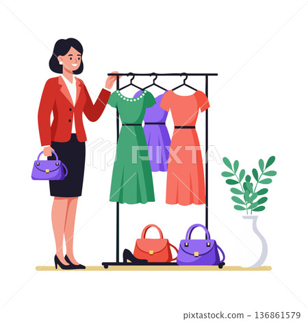 Woman shopping and choosing colorful dresses from rack in stylish outfit with handbags vector illustration Woman shopping and choosing colorful dresses from rack in stylish outfit with handbags vector illustration 136861579