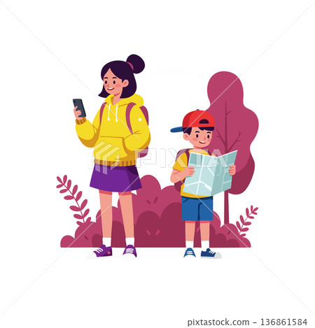 Children exploring outdoors with smartphone and map navigation in casual clothes enjoying nature walk Children exploring outdoors with smartphone and map navigation in casual clothes enjoying nature walk 136861584