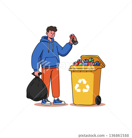 Man in blue hoodie recycling cans in yellow bin promoting environmental awareness and sustainable habits Man in blue hoodie recycling cans in yellow bin promoting environmental awareness and sustainable habits 136861588