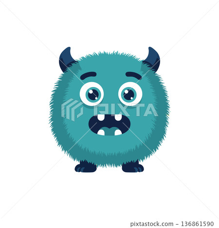 Cute furry blue monster with horns and big eyes smiling friendly cartoon character vector illustration 136861590