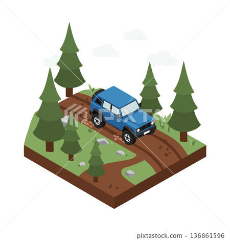 Blue offroad vehicle driving on rugged forest trail surrounded by evergreen trees isometric vector illustration 136861596