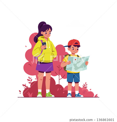 Children exploring outdoors with map and smartphone navigating adventure in nature during casual outing Children exploring outdoors with map and smartphone navigating adventure in nature during casual outing 136861601