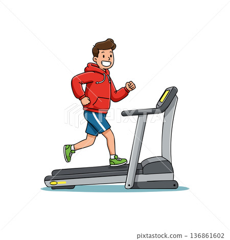 Man running on treadmill in red hoodie and blue shorts for fitness and exercise training vector illustration Man running on treadmill in red hoodie and blue shorts for fitness and exercise training vector illustration 136861602