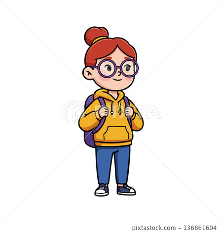 Girl with red hair wearing glasses and yellow hoodie carrying purple backpack standing confidently vector illustration 136861604