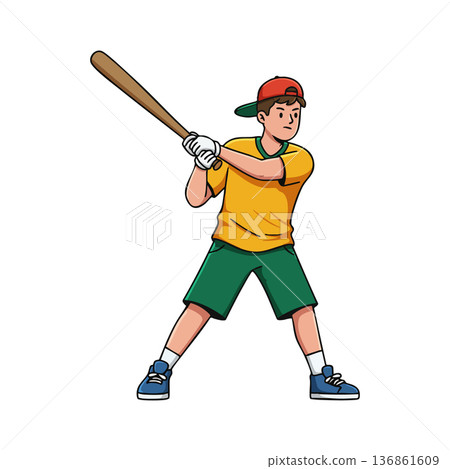 Boy in yellow shirt with green shorts holding baseball bat ready to swing vector illustration 136861609