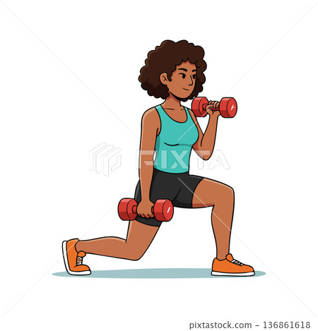 Woman exercising with dumbbells performing lunges in athletic wear for fitness and strength training vector illustration Woman exercising with dumbbells performing lunges in athletic wear for fitness and strength training vector illustration 136861618