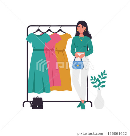 Woman standing near clothing rack with colorful dresses holding handbag in casual fashion scene vector illustration Woman standing near clothing rack with colorful dresses holding handbag in casual fashion scene vector illustration 136861622