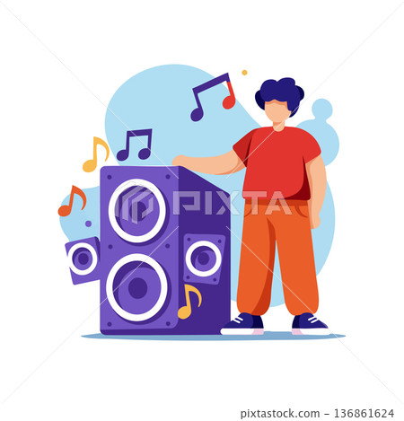 Young person enjoying music near large purple speaker with colorful notes vector illustration 136861624