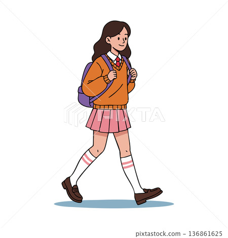 Schoolgirl walking with backpack in uniform orange sweater and pink skirt vector illustration Schoolgirl walking with backpack in uniform orange sweater and pink skirt vector illustration 136861625