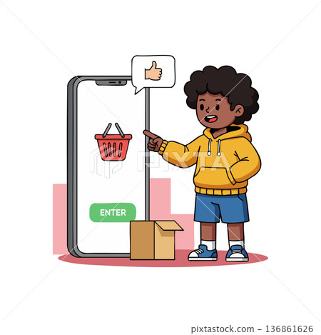 Boy using smartphone for online shopping with delivery box and approval icon in cartoon style vector illustration Boy using smartphone for online shopping with delivery box and approval icon in cartoon style vector illustration 136861626
