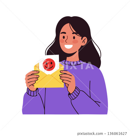 Young woman holding yellow envelope with smiley face symbol expressing happiness and positive emotions in vector illustration Young woman holding yellow envelope with smiley face symbol expressing happiness and positive emotions in vector illustration 136861627