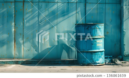 blue metal barrel on the street, against an industrial-style curtain in a light turquoise color, minimalist photography blue metal barrel on the street, against an industrial-style curtain in a light turquoise color, minimalist photography 136861639