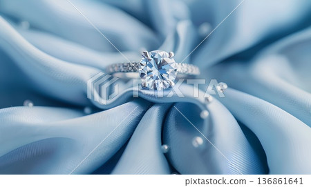 close-up shot of an engagement ring placed on top of soft blue fabric, creating a romantic and serene atmosphere. close-up shot of an engagement ring placed on top of soft blue fabric, creating a romantic and serene atmosphere. 136861641