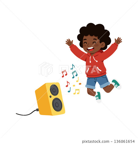 Happy boy jumping with joy listening to music from yellow speaker vector illustration Happy boy jumping with joy listening to music from yellow speaker vector illustration 136861654