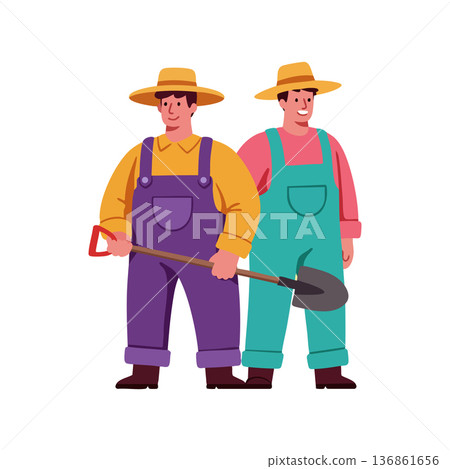 Two male farmers standing with shovel in casual workwear and straw hats vector illustration 136861656