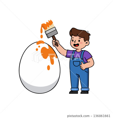 Child painting large egg with orange paint holding brush and giving thumbs up in casual outfit vector illustration 136861661