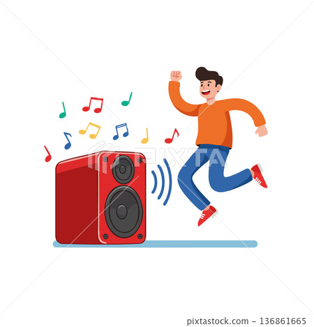 Young man dancing happily to music from large red speaker colorful notes vector illustration Young man dancing happily to music from large red speaker colorful notes vector illustration 136861665