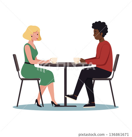 Man and woman sitting at round table drinking coffee in casual modern style vector illustration Man and woman sitting at round table drinking coffee in casual modern style vector illustration 136861671