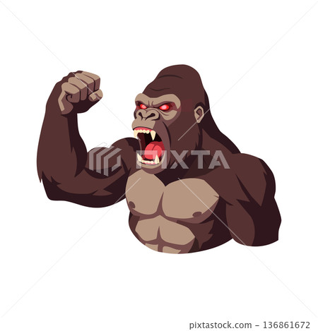 Angry gorilla cartoon character roaring and flexing muscles in aggressive pose vector illustration Angry gorilla cartoon character roaring and flexing muscles in aggressive pose vector illustration 136861672