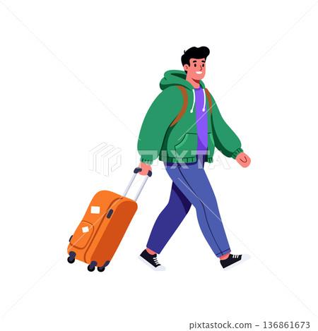 Young man walking with orange suitcase wearing green hoodie and purple shirt casual travel concept vector Young man walking with orange suitcase wearing green hoodie and purple shirt casual travel concept vector 136861673