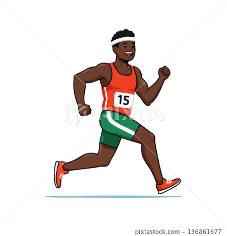 Male athlete running sprint race in orange vest and green shorts with headband and running shoes vector illustration Male athlete running sprint race in orange vest and green shorts with headband and running shoes vector illustration 136861677