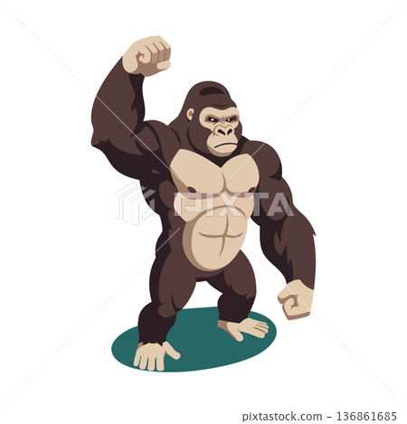 Strong gorilla standing and raising fist muscular wild animal vector illustration in bold pose Strong gorilla standing and raising fist muscular wild animal vector illustration in bold pose 136861685
