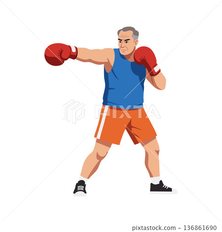 Mature male boxer practicing punch in blue tank top and orange shorts with red gloves vector illustration Mature male boxer practicing punch in blue tank top and orange shorts with red gloves vector illustration 136861690