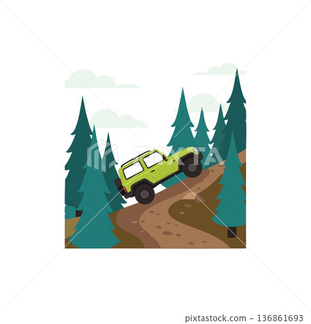 Off-road green jeep climbing dirt hill surrounded by tall pine trees under cloudy sky vector illustration 136861693