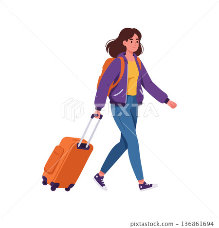 Woman walking with orange suitcase and backpack casual travel preparation vector illustration Woman walking with orange suitcase and backpack casual travel preparation vector illustration 136861694