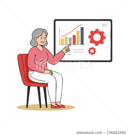 Senior woman presenting business growth and technology data charts with gear icons in modern office setting vector illustration Senior woman presenting business growth and technology data charts with gear icons in modern office setting vector illustration 136861695