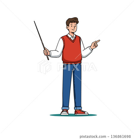 Young male teacher holding pointer stick explaining lesson in casual clothing vector illustration 136861698