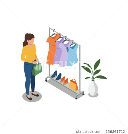 Woman shopping for colorful dresses and shoes in boutique with green handbag and indoor plant vector illustration Woman shopping for colorful dresses and shoes in boutique with green handbag and indoor plant vector illustration 136861712