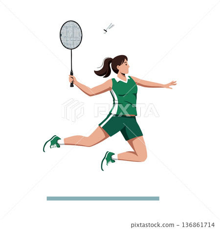 Female badminton player jumping to hit shuttlecock in green sportswear vector illustration 136861714